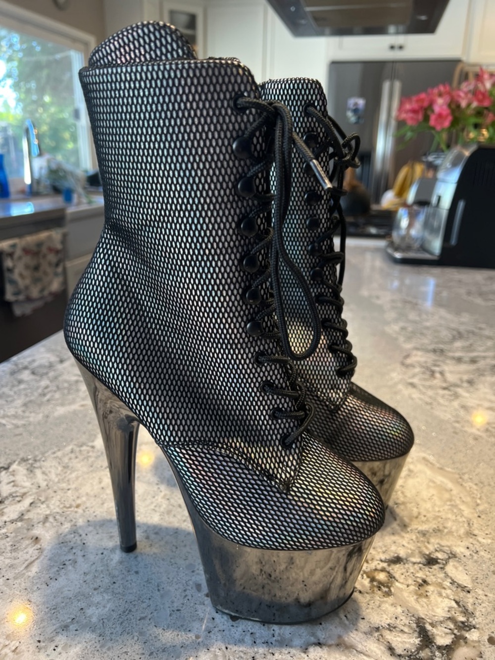 Pleaser Adore-1020HFN Silver Holographic Fishnet Platform Boots - Size 7